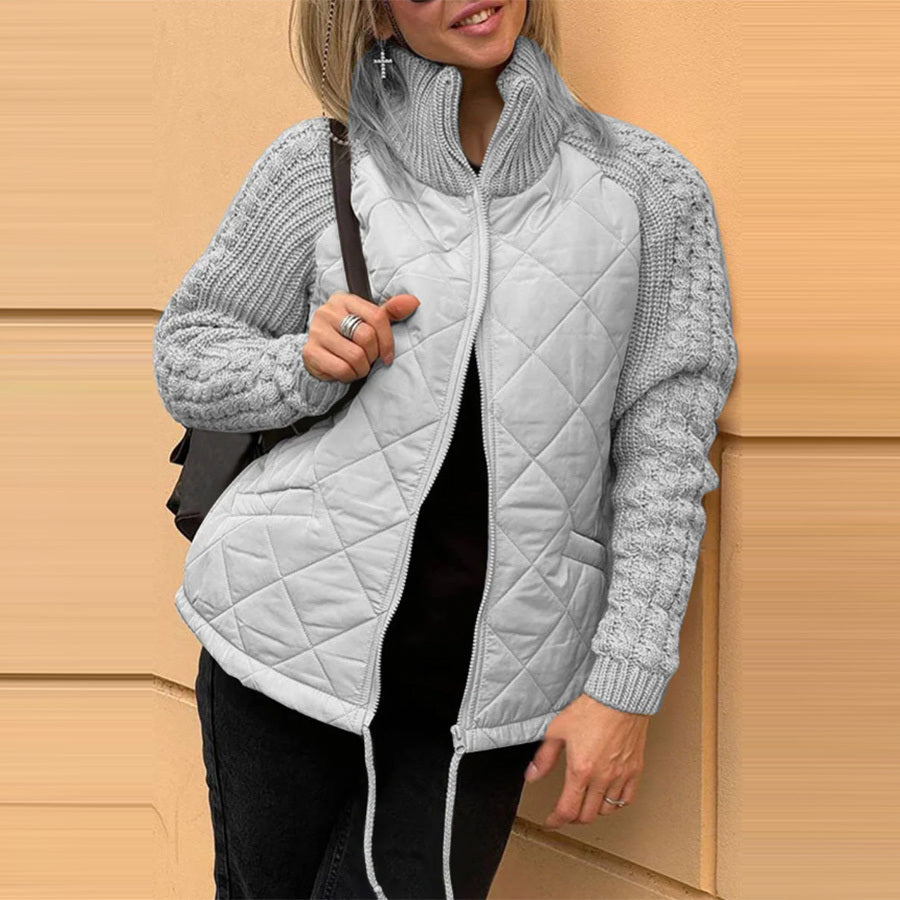 Women’s Stand Collar Cotton Jacket – Knitted Stitch Zipper Coat with Pockets, Winter Warm Tops