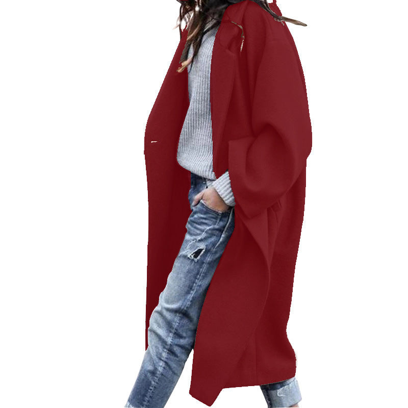 Women’s Long Woolen Coat – Casual Single-Breasted Lapel Jacket with Pockets, Solid Color Winter Wea