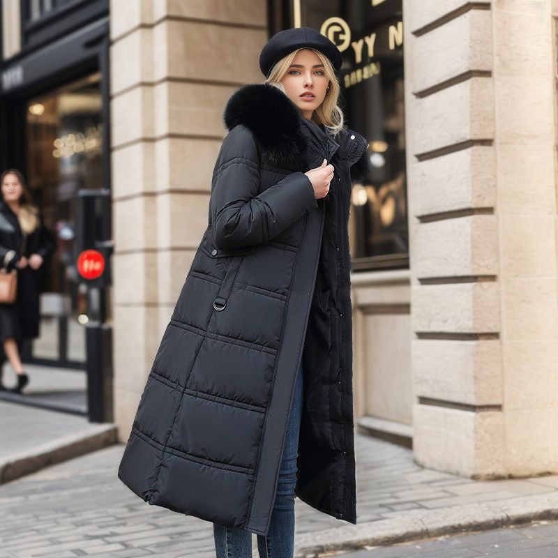 Women’s Slim Long Winter Jacket – Hooded Coat with Fur Collar & Belted Design