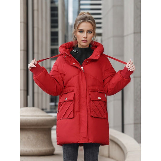 Women’s Hooded Winter Coat – Warm Thick Cotton Jacket with Pockets, Solid Color Outerwear