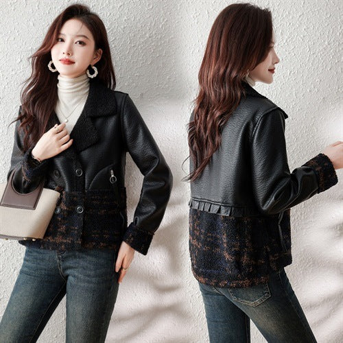 Women’s Plus Size Fur Coat – Loose Winter Jacket in Khaki & Black Plaid