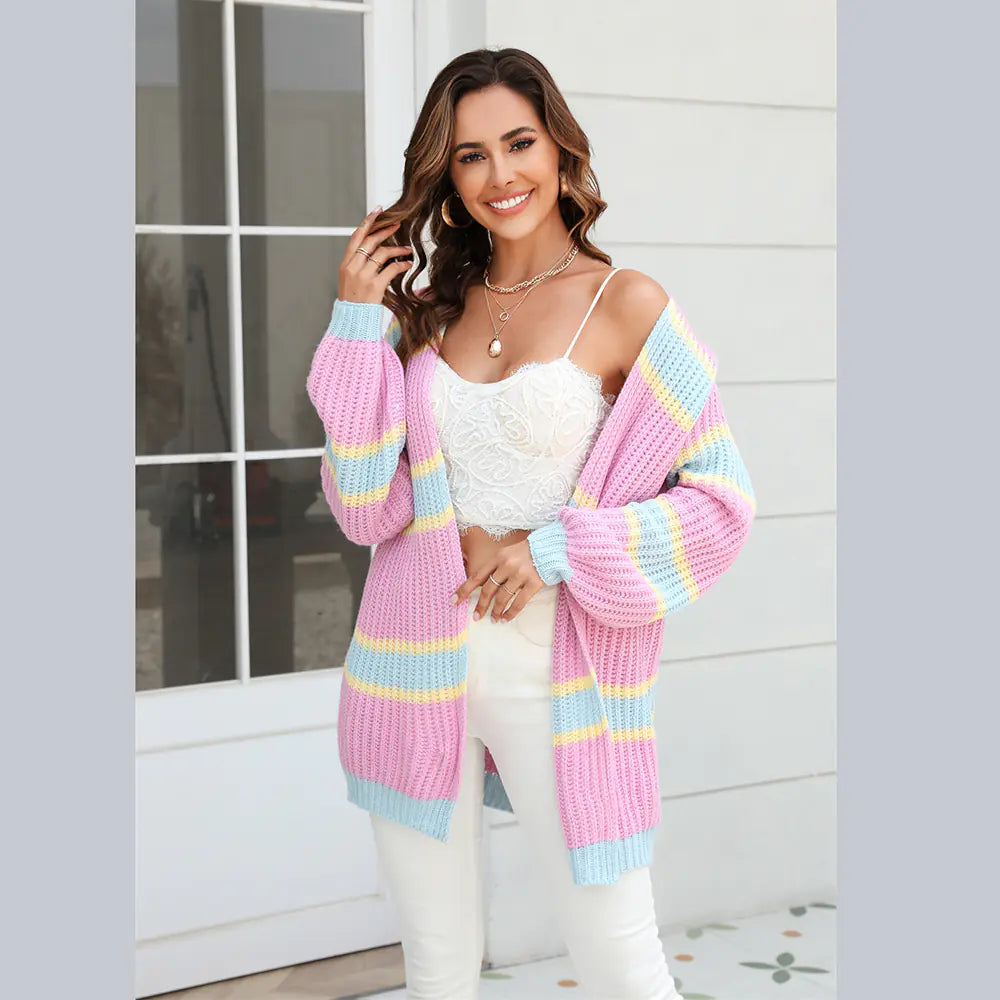 Women’s Striped Cardigan – Loose Medium-Length Sweater for Autumn & Winter