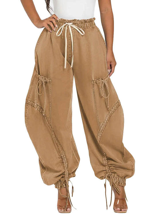 Kwunbwa Retro Cargo Denim Pants – High-Waist Wide-Leg Comfort Jeans for Women