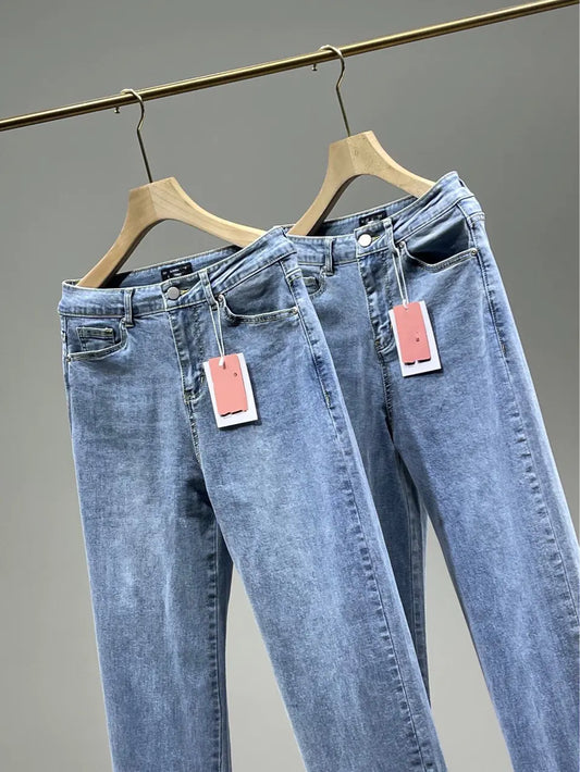 Chic High Rise Straight Jeans with Side Slit